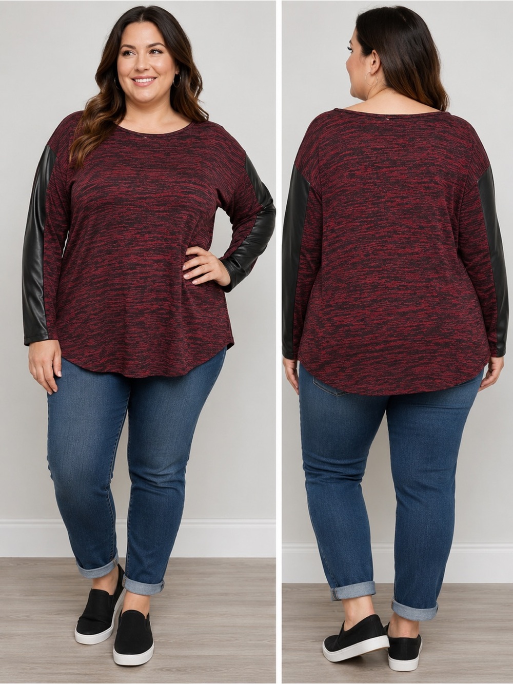 Candy Couture Plus 2X Marled Knit Top with Faux Leather Sleeve Panels